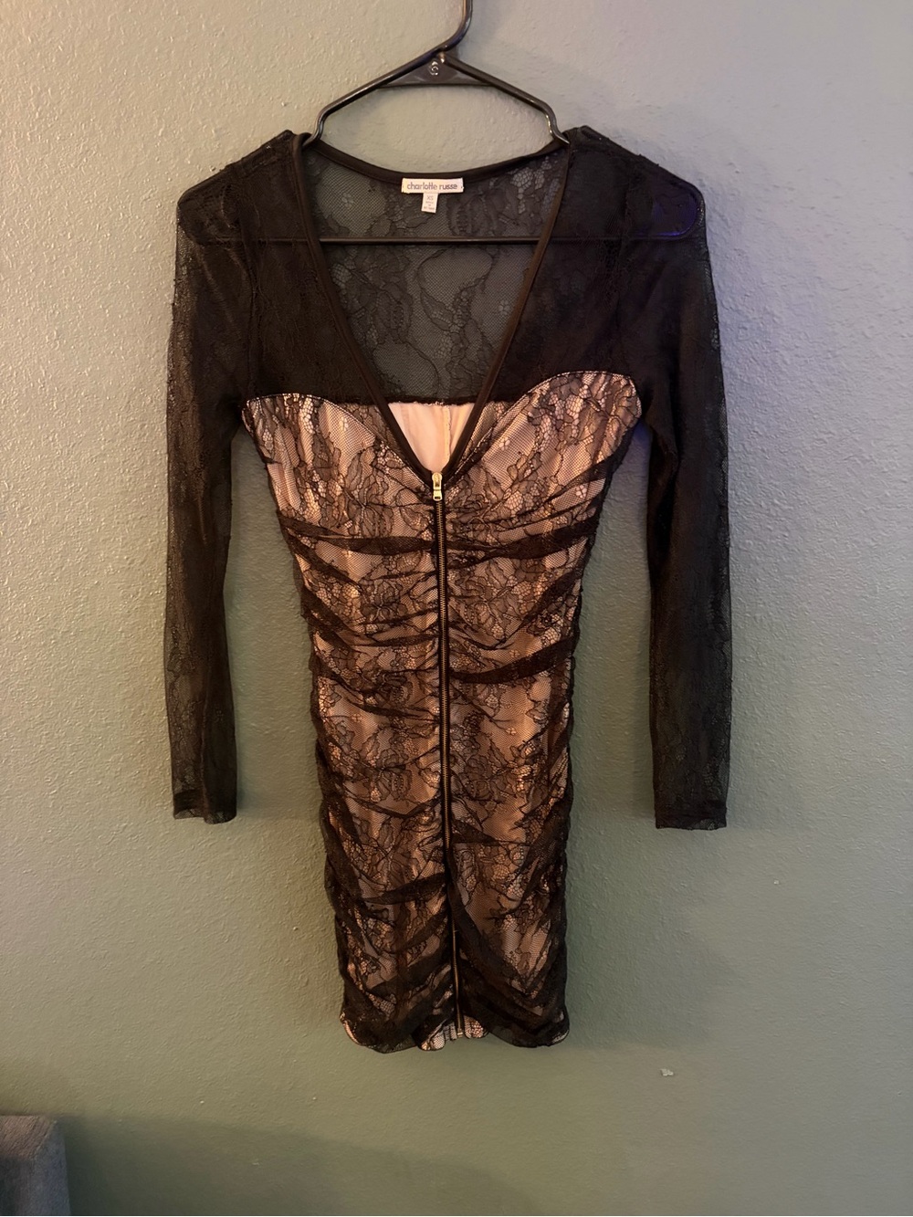 Charlotte Russe Black Lace Over Nude Long Sleeve Bodycon Dress